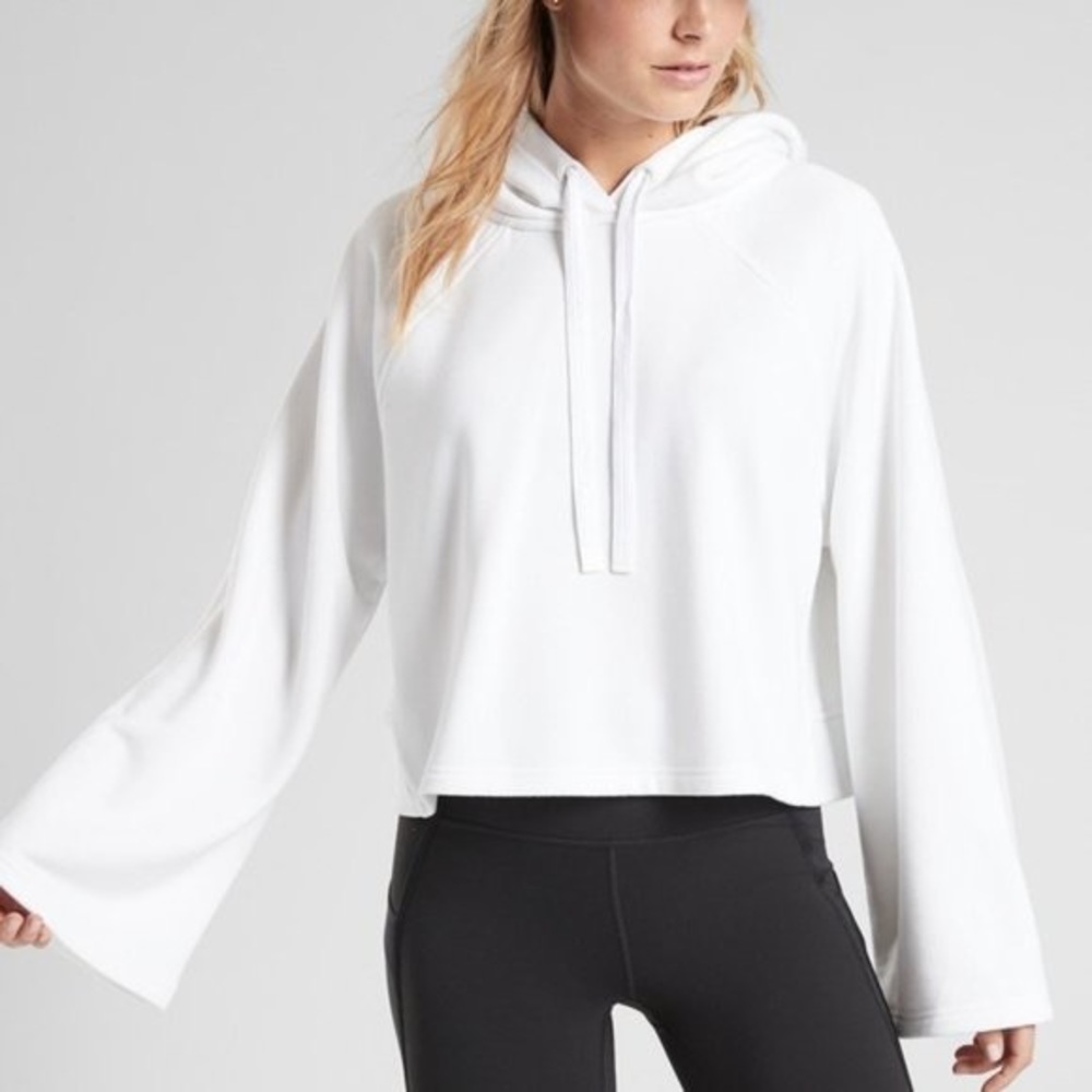 Athleta Steady State White Cropped Bell Sleeve Hoodie Sweatshirt